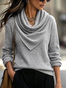 SHEIN Women's Light Grey Cowl Neck Long Sleeve Knit Top, Minimalist Slim Tee For Autumn Office Brunch Daily Casual Wear - Grey - View 5