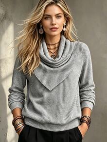 SHEIN Women's Light Grey Cowl Neck Long Sleeve Knit Top, Minimalist Slim Tee For Autumn Office Brunch Daily Casual Wear - Grey - View 3