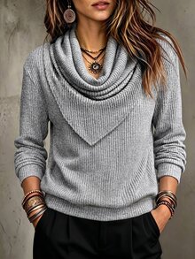 SHEIN Women's Light Grey Cowl Neck Long Sleeve Knit Top, Minimalist Slim Tee For Autumn Office Brunch Daily Casual Wear - Grey - View 1