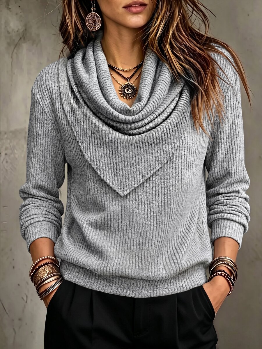 SHEIN Women's Light Grey Cowl Neck Long Sleeve Knit Top, Minimalist Slim Tee For Autumn Office Brunch Daily Casual Wear - Grey - View 1