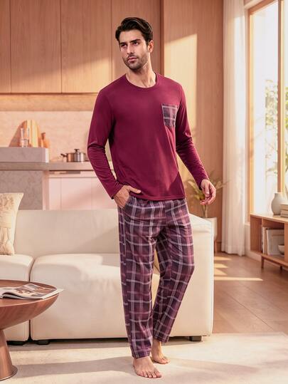 Manfinity Underwear&Sleepwear Basics Men's Round Neck Long Sleeve Top And Plaid Pattern Pants Loungewear Set