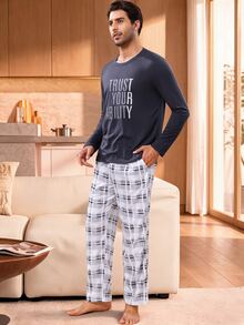 Manfinity Underwear&Sleepwear Basics Men's Slogan Print Long Sleeve Top And Plaid Long Pants Loungewear Set - Navy Blue - View 5