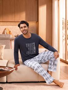 Manfinity Underwear&Sleepwear Basics Men's Slogan Print Long Sleeve Top And Plaid Long Pants Loungewear Set - Navy Blue - View 3