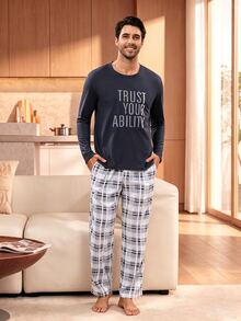 Manfinity Underwear&Sleepwear Basics Men's Slogan Print Long Sleeve Top And Plaid Long Pants Loungewear Set - Navy Blue - View 4
