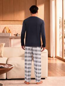 Manfinity Underwear&Sleepwear Basics Men's Slogan Print Long Sleeve Top And Plaid Long Pants Loungewear Set - Navy Blue - View 2