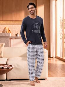 Manfinity Underwear&Sleepwear Basics Men's Slogan Print Long Sleeve Top And Plaid Long Pants Loungewear Set - Navy Blue - View 6