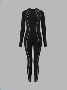 Glamine Women's One-Piece Jumpsuit With Sporty Line Patchwork Slimming Comfortable Fingerless Long Sleeve Long Pants Fashion Casual Spring Summer - Black - View 6