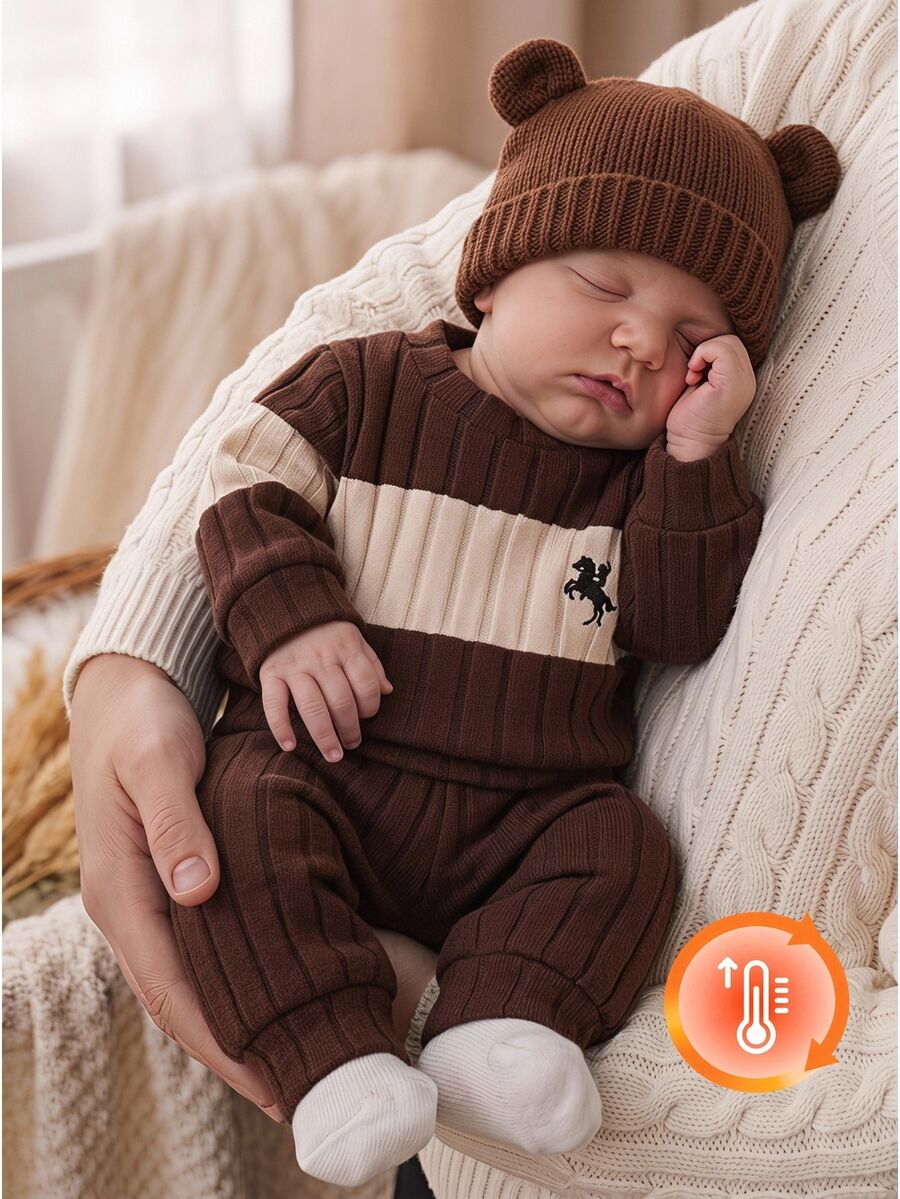 SHEIN 2pcs Newborn Baby Boy Unisex Sweater Pants Set Preppy Brown Horse Embroidery Ribbed Long Sleeve Round Neck Birthday Winter Fall Outfits Holiday