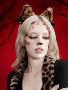 MortiRose قطعة واحدة شريط رأس بأذن ثعلب جميل بطبعة نمر للهالوين، من ألياف البوليستر، قطعة رأس بأذن حيوان مناسبة لجميع المواسم - بني - مشاهدة 5