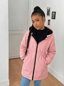 SHEIN 女童休閒可愛圖案梭織收腰連帽抓絨內裡中長款風衣，秋季穿搭，適合前青春期女孩學生，粉紅色 - 粉色 - 查看 3