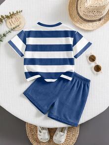 Baby Boy Casual Minimalist Striped Cartoon Bear T-Shirt And Shorts Set, Suitable For Summer - Multicolor - View 2