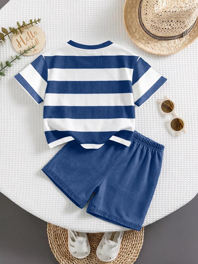 Baby Boy Casual Minimalist Striped Cartoon Bear T-Shirt And Shorts Set, Suitable For Summer - Multicolor - View 2