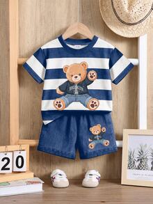 Baby Boy Casual Minimalist Striped Cartoon Bear T-Shirt And Shorts Set, Suitable For Summer - Multicolor - View 3