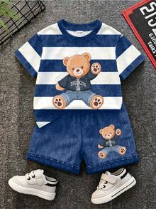 Baby Boy Casual Minimalist Striped Cartoon Bear T-Shirt And Shorts Set, Suitable For Summer - Multicolor - View 4