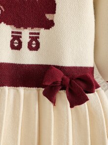 SHEIN 女嬰針織毛衣洋裝 可愛小熊提花裝飾 圓領套頭 A字版型 百褶下擺 手工蝴蝶結裝飾 白色動物印花 適合家庭與嬰兒洗禮派對 - 米色 - 查看 8