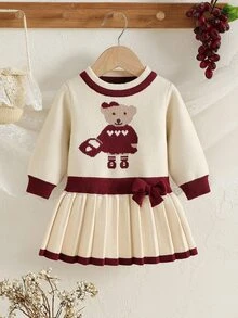 SHEIN 女嬰針織毛衣洋裝 可愛小熊提花裝飾 圓領套頭 A字版型 百褶下擺 手工蝴蝶結裝飾 白色動物印花 適合家庭與嬰兒洗禮派對 - 米色 - 查看 10