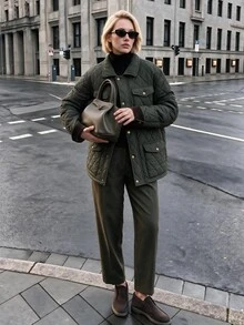 Struktiv Women's Quilted Jacket Diamond Pattern Button Front Coat Warm Winter Casual Daily Army Green Vintage Style Outerwear With Pockets Loose Fit - Army Green - View 5