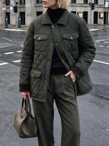 Struktiv Women's Quilted Jacket Diamond Pattern Button Front Coat Warm Winter Casual Daily Army Green Vintage Style Outerwear With Pockets Loose Fit - Army Green - View 1