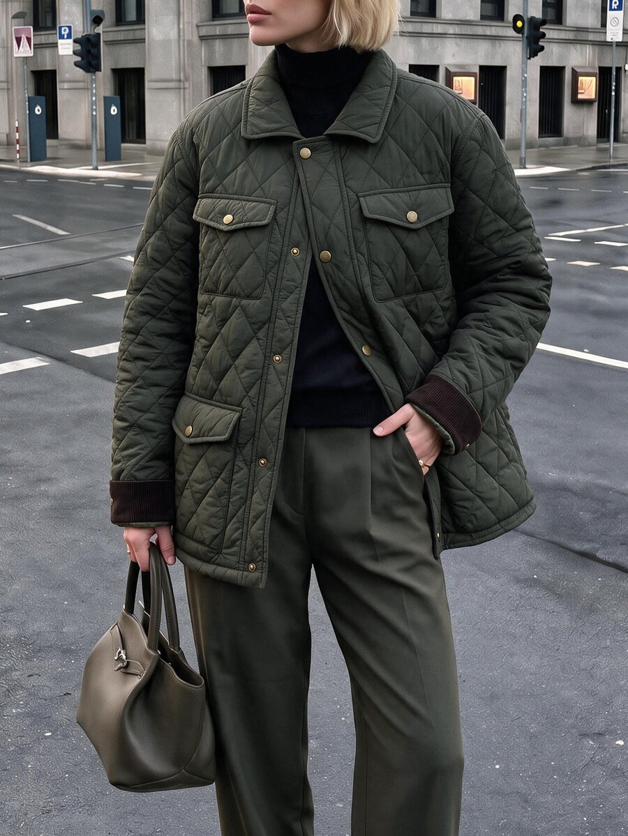 Struktiv Women's Quilted Jacket Diamond Pattern Button Front Coat Warm Winter Casual Daily Army Green Vintage Style Outerwear With Pockets Loose Fit - Army Green - View 1