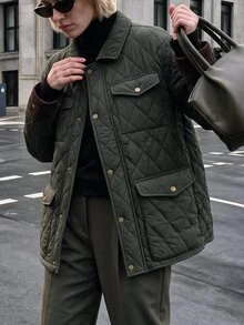 Struktiv Women's Quilted Jacket Diamond Pattern Button Front Coat Warm Winter Casual Daily Army Green Vintage Style Outerwear With Pockets Loose Fit - Army Green - View 6