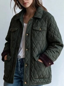 Struktiv Women's Quilted Jacket Diamond Pattern Button Front Coat Warm Winter Casual Daily Army Green Vintage Style Outerwear With Pockets Loose Fit - Army Green - View 4