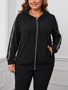 Rosumi Jaket Sweatshirt Berkerudung Hitam Motif Leopard Patchwork untuk Wanita Ukuran Plus, Cocok untuk Liburan Musim Gugur/Dingin, Pakaian Sederhana, Musim Gugur - Hitam - View 7