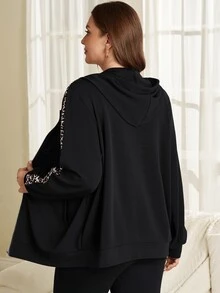 Rosumi Jaket Sweatshirt Berkerudung Hitam Motif Leopard Patchwork untuk Wanita Ukuran Plus, Cocok untuk Liburan Musim Gugur/Dingin, Pakaian Sederhana, Musim Gugur - Hitam - View 3