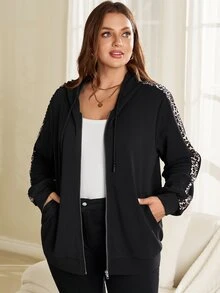 Rosumi Jaket Sweatshirt Berkerudung Hitam Motif Leopard Patchwork untuk Wanita Ukuran Plus, Cocok untuk Liburan Musim Gugur/Dingin, Pakaian Sederhana, Musim Gugur - Hitam - View 4