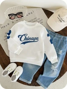 SHEIN 2件組男嬰保暖內裡連帽衛衣與牛仔冬褲，藍白條紋，秋季，街頭生活休閒圖案街頭時尚，城市，返校季 - 寶藍色 - 查看 5