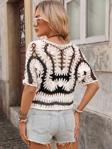 Brillora Women's Hollow Out Short Sleeve Knit Top For Vacation And Casual Wear - Black and White - View 3