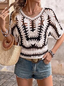 Brillora Women's Hollow Out Short Sleeve Knit Top For Vacation And Casual Wear - Black and White - View 1