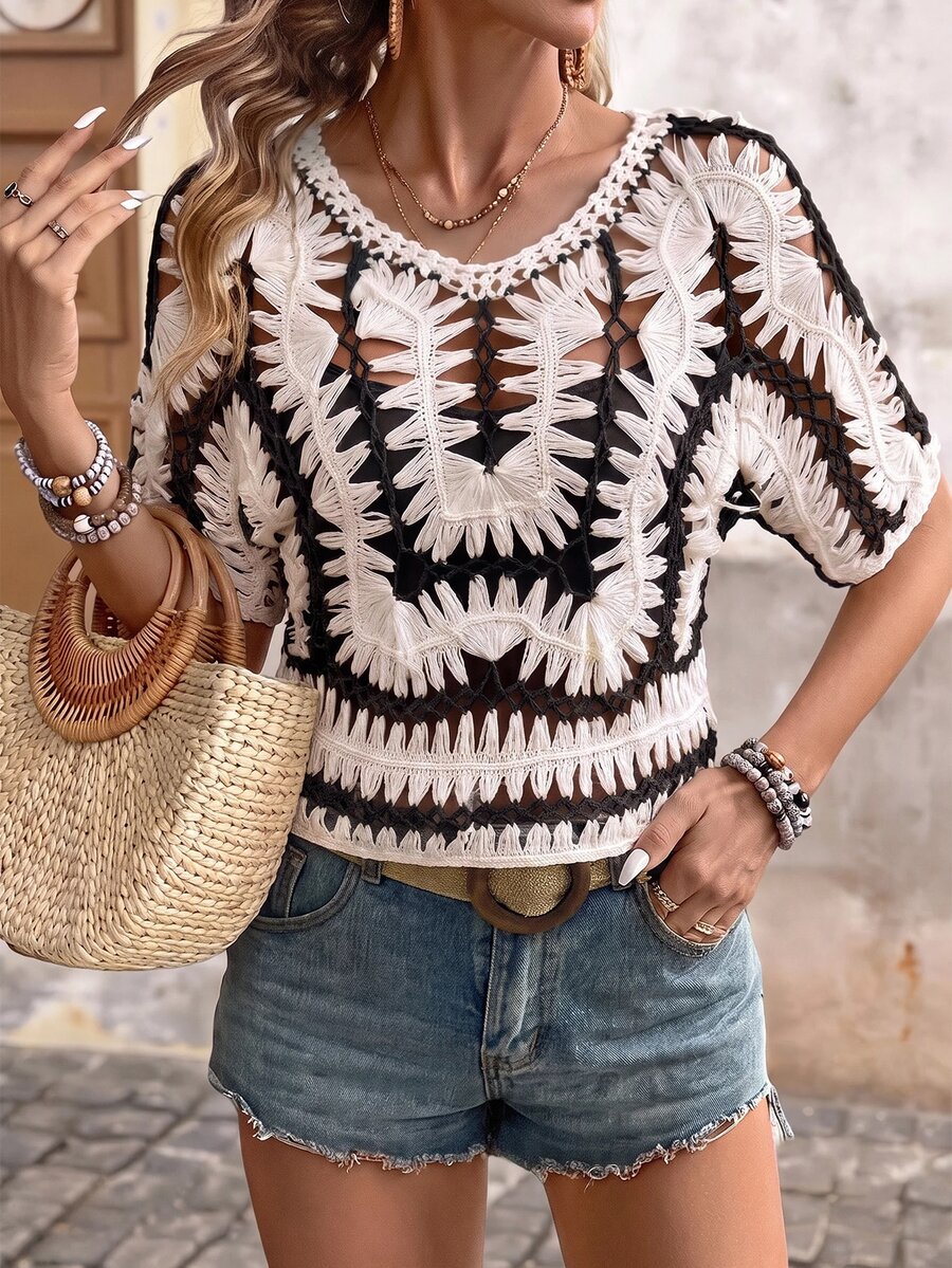 Brillora Women's Hollow Out Short Sleeve Knit Top For Vacation And Casual Wear - Black and White - View 1