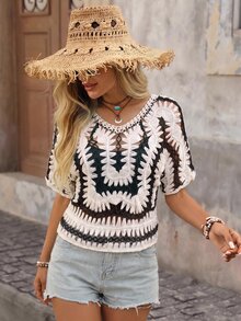 Brillora Women's Hollow Out Short Sleeve Knit Top For Vacation And Casual Wear - Black and White - View 2