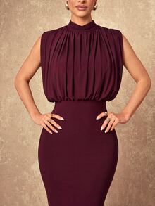 Lumalex Soft Flowing Mesh Ruched High Neck Bodycon Mermaid Hem Long Dress Going Out Vacation Outfits Cruise Outfit For Women - Red Violet - View 5