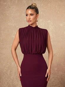 Lumalex Soft Flowing Mesh Ruched High Neck Bodycon Mermaid Hem Long Dress Going Out Vacation Outfits Cruise Outfit For Women - Red Violet - View 10