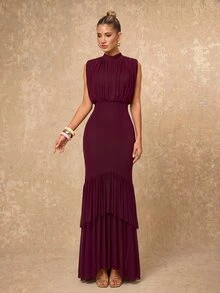 Lumalex Soft Flowing Mesh Ruched High Neck Bodycon Mermaid Hem Long Dress Going Out Vacation Outfits Cruise Outfit For Women - Red Violet - View 7