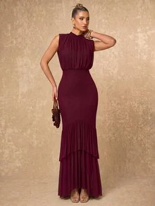 Lumalex Soft Flowing Mesh Ruched High Neck Bodycon Mermaid Hem Long Dress Going Out Vacation Outfits Cruise Outfit For Women - Red Violet - View 9