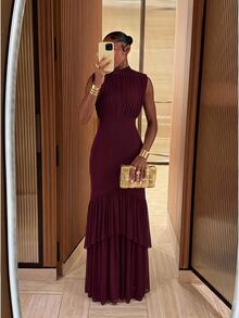 Lumalex Soft Flowing Mesh Ruched High Neck Bodycon Mermaid Hem Long Dress Going Out Vacation Outfits Cruise Outfit For Women - Red Violet - View 4