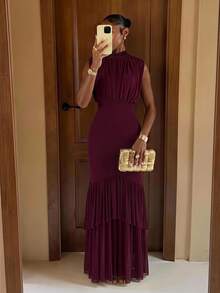 Lumalex Soft Flowing Mesh Ruched High Neck Bodycon Mermaid Hem Long Dress Going Out Vacation Outfits Cruise Outfit For Women - Red Violet - View 1