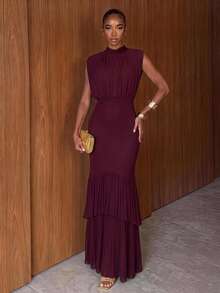 Lumalex Soft Flowing Mesh Ruched High Neck Bodycon Mermaid Hem Long Dress Going Out Vacation Outfits Cruise Outfit For Women - Red Violet - View 3