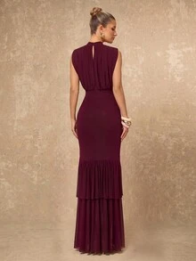 Lumalex Soft Flowing Mesh Ruched High Neck Bodycon Mermaid Hem Long Dress Going Out Vacation Outfits Cruise Outfit For Women - Red Violet - View 6