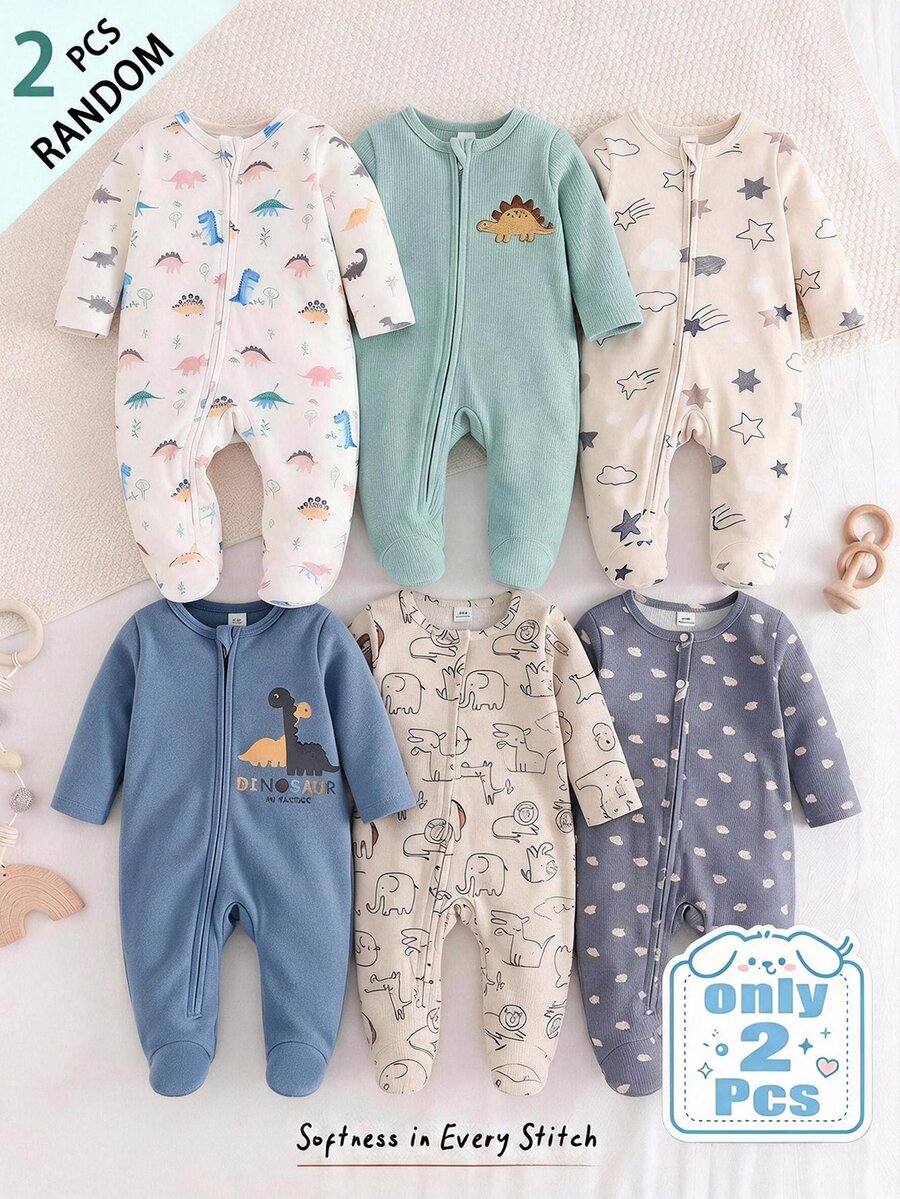 Cozy Pixies Newborn Baby Boy Baby Girl Cartoon Dinosaur Pattern Knitted Soft Round Neck Long Sleeve Bodysuit & Autumn Pants 2pcs -Piece Set - Multicolor - View 1