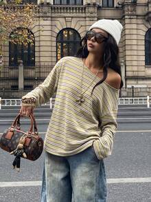 Coolane 女款秋季休閒波希米亞風寬鬆低調綠色奶油棕條紋露肩不對稱垂墜長袖聚酯纖維T恤 - 彩色 - 查看 4