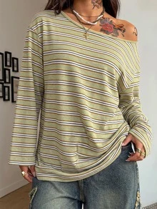 Coolane 女款秋季休閒波希米亞風寬鬆低調綠色奶油棕條紋露肩不對稱垂墜長袖聚酯纖維T恤 - 彩色 - 查看 7