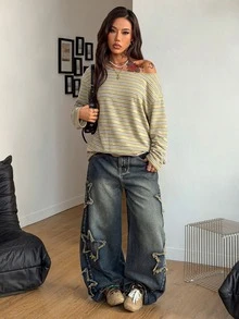 Coolane 女款秋季休閒波希米亞風寬鬆低調綠色奶油棕條紋露肩不對稱垂墜長袖聚酯纖維T恤 - 彩色 - 查看 8