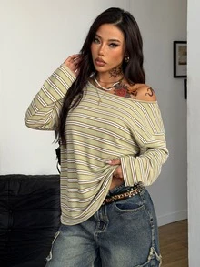 Coolane 女款秋季休閒波希米亞風寬鬆低調綠色奶油棕條紋露肩不對稱垂墜長袖聚酯纖維T恤 - 彩色 - 查看 6