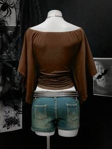 Bitrose Women's Solid Color Flare Sleeve Off Shoulder Cinched Waist Retro Sexy Y2k T-Shirt Night Out Dark Brown Summer - Brown - View 2
