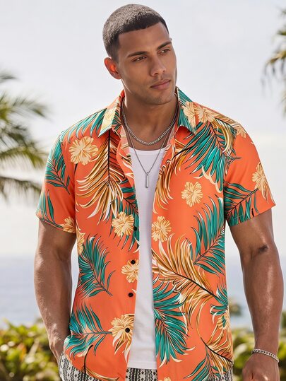 Ocevento メンズ ルーズフィット トロピカルプリントシャツ、Tシャツなし、バケーション、父の日ギフト
