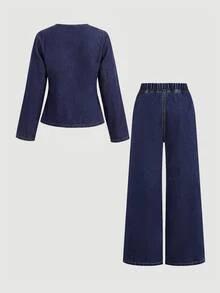 SHEIN Firerie Kids 青少年女孩深藍色牛仔寬鬆夾克與長褲兩件套 - 藍色 - 查看 4