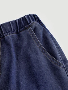 SHEIN Firerie Kids 青少年女孩深藍色牛仔寬鬆夾克與長褲兩件套 - 藍色 - 查看 3
